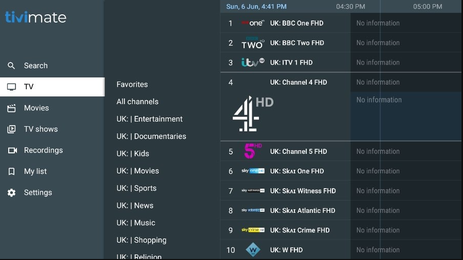 Electronic Program Guide interface for iptv providers on Volar TV